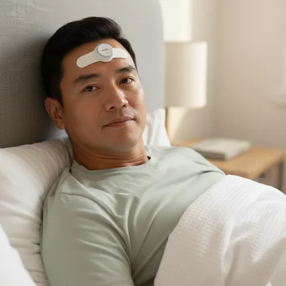 Man using Somfit home sleep screening test device